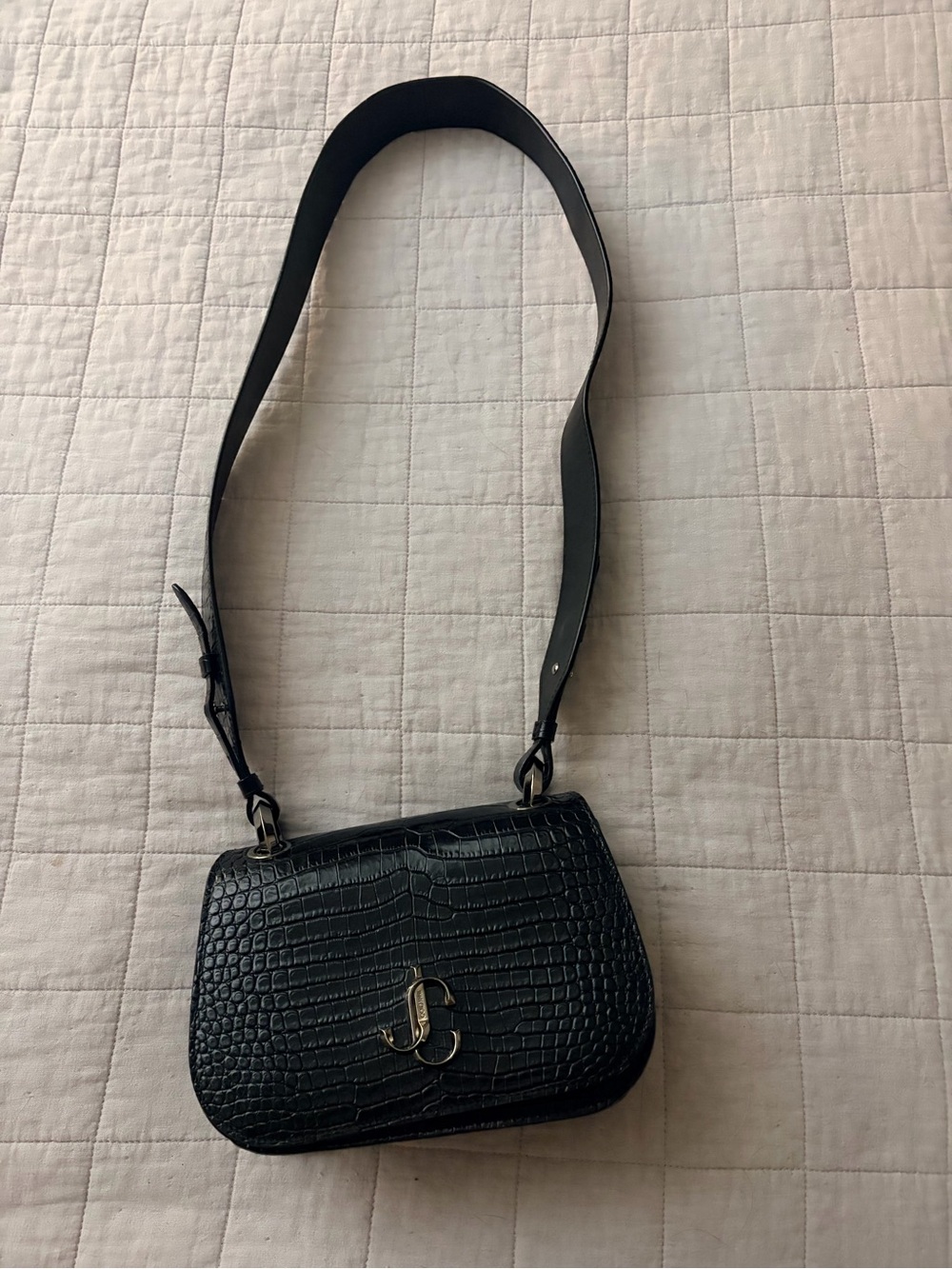 Jimmy Choo Black Croc-Embossed Shoulder Bag with Gold Hardware